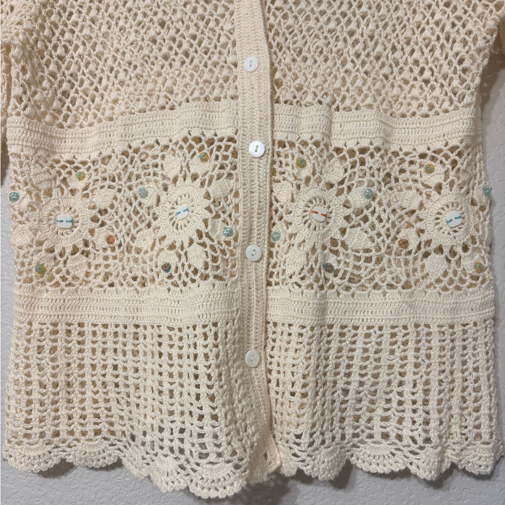 NorthStyle Cream‎ Crochet Open Knit Coastal Boho Cardigan Scalloped Edges Beaded - Picture 6 of 16